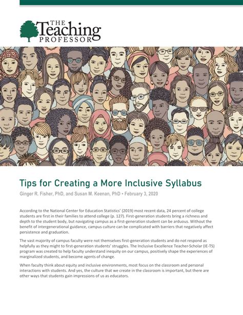 Inclusive syllabus. This Inclusive Teaching resource guide offers sample language written in an inclusive manner that instructors may adopt and adapt for your own syllabus. Particular attention is paid to discussion guidelines that can be used to communicate to students your expectations on how they approach material and one another in the classroom. 