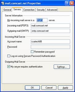 To configure an email client to use Comcast email (@comcast.net), the following settings should be used for sending and receiving email: Incoming Mail Server Name: https://comca.st/2GYm8a3. Incoming Mail Server Port Number: 993 with SSL ON. If the Mail Client allows you to select an authentication method, choose STARTTLS. Only if Needed: 143 .... 