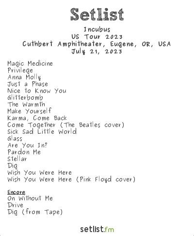 Incubus setlist. Incubus setlists, infographics, songs stats, and tours - Guestpectacular. Incubus currently holds the position #160 with 1713 concerts, popularity of 67% and 3 127 807 followers. … 