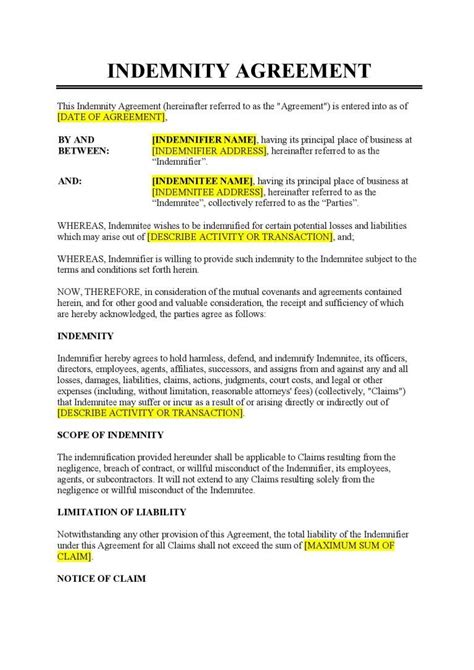 Indemnity agreement example in Word and Pdf formats