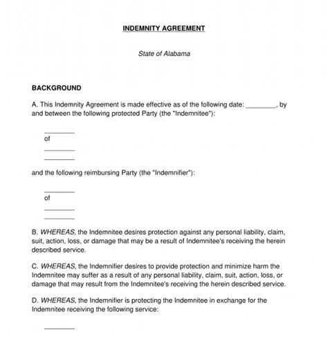 Indemnity agreement in Word and Pdf formats