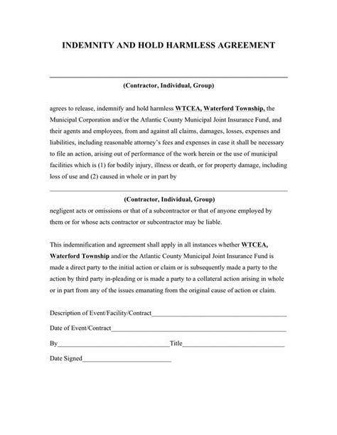 Indemnity and hold harmless agreement template in Word and Pdf formats
