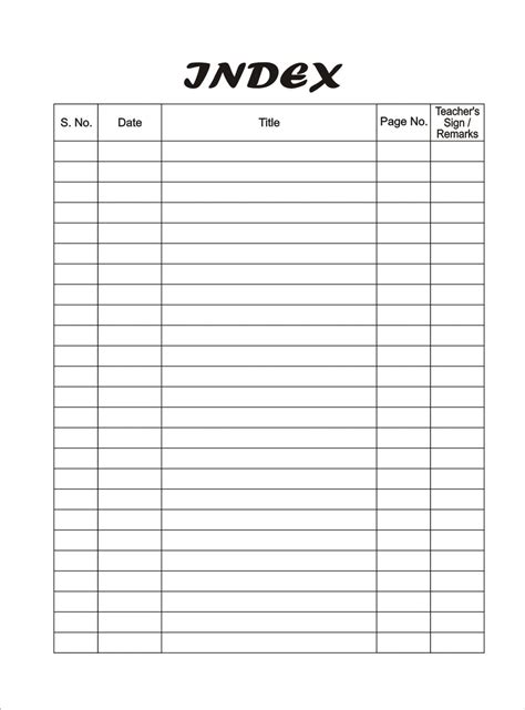 Index Sheet Template PDF Template