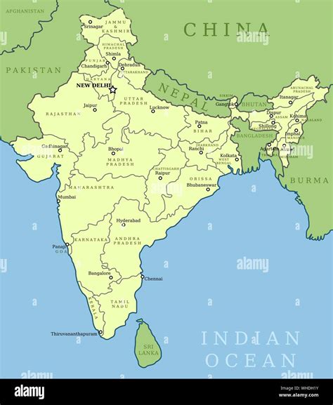 India map. Outline illustration country map with state names