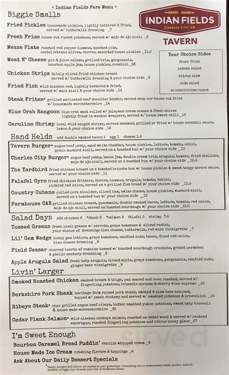 Indian fields tavern menu. Aug 4, 2023 · Review of Indian Fields Tavern. 53 photos. Indian Fields Tavern. 9220 John Tyler Memorial Hwy, Route 5, Charles City, VA 23030-3306. +1 804-829-2200. Website. Improve this listing. Ranked #3 of 5 Restaurants in Charles City. 104 Reviews. 