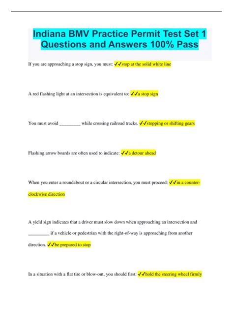 Indiana BMV Practice Permit Test Set 1 Questions and Answers 100 Pass