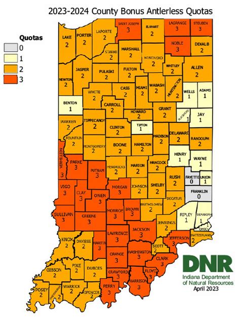The statewide archery bag limit was two deer. Hunters could take one deer per license for a total of either two antlerless deer or one antlered and one ... harvested during the past 62 deer hunting seasons in Indiana. Figure 1. Antlerless deer bag limits in 2013. Shaded counties were eligible for the late antlerless season. - 6 -. 