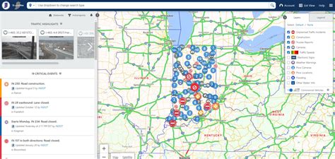 Indot travel advisory. Reports regarding traffic incidents, winter road conditions, traffic cameras, active and planned construction, etc. 