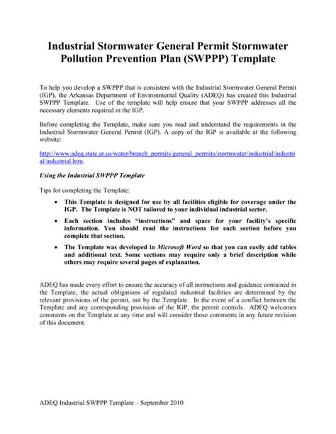 Industrial Stormwater Pollution Prevention Plan Template