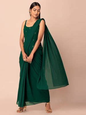 Indya Green Foil Peplum Pre Draped Saree With Attached Blouse