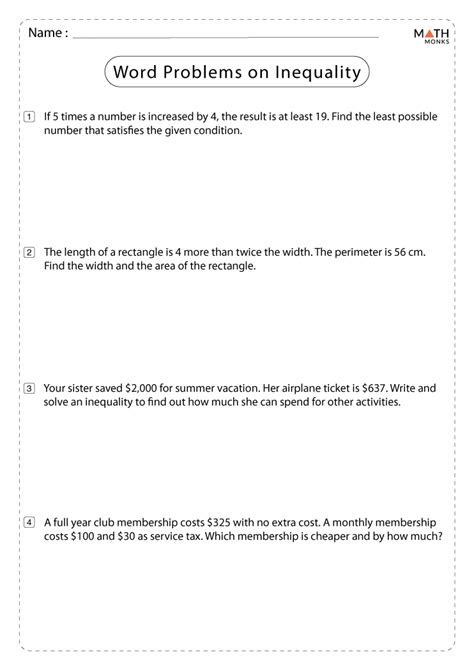 Inequalities Word Problems Worksheet CommonCore Math