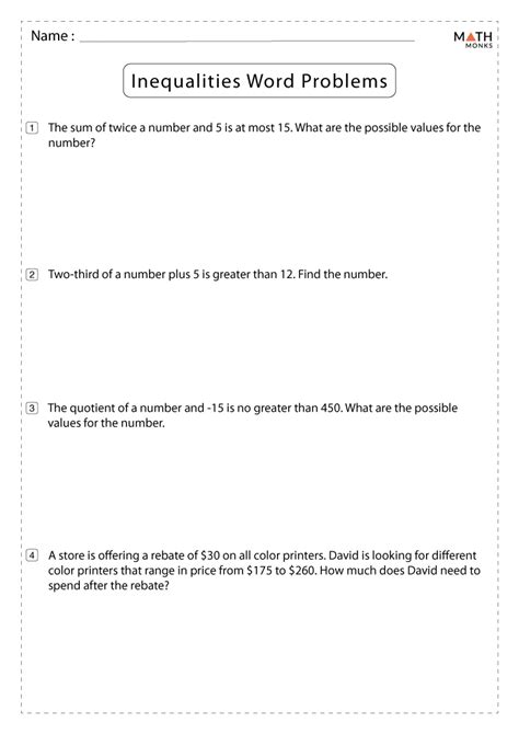 Inequality Word Problems Worksheet With Answers Worksheets For