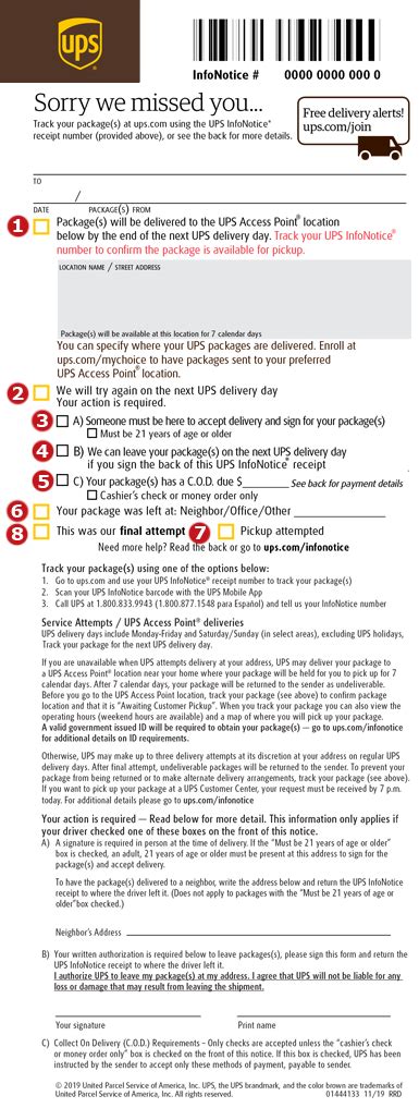 Infonotice number. How To Read a UPS InfoNotice. The notice your driver left can help steer you in the right direction to getting your parcel where it needs to go. 