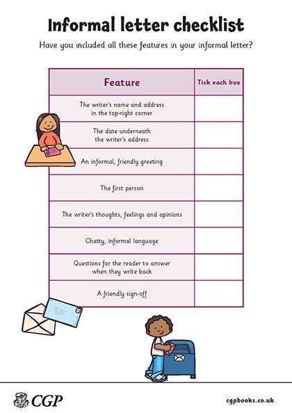 Informal Letters Checklist (Years 3-4) CGP Plus - Features of an ...