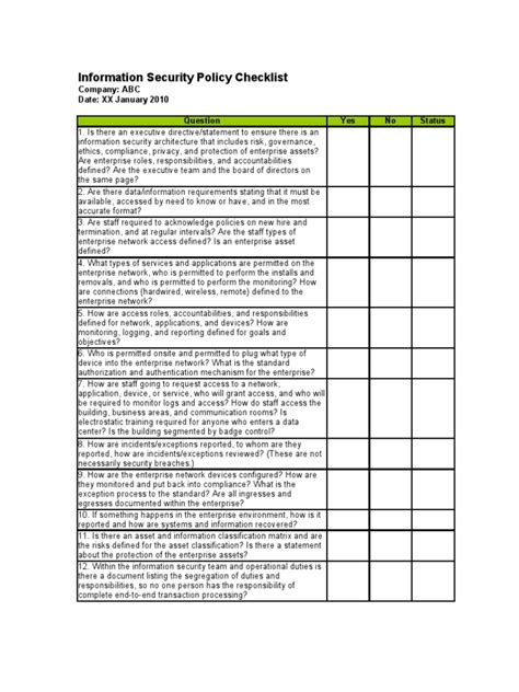 Information Security Policy Checklist Information Security Computer