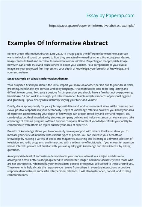4. Informative Abstract. Many abstracts in academic writing are informative. They don’t analyze the study or investigation that you propose, but they explain a research project in a way that they can stand independently. In other words, an informative abstract gives an explanation for the main arguments, evidence, and significant results.. 