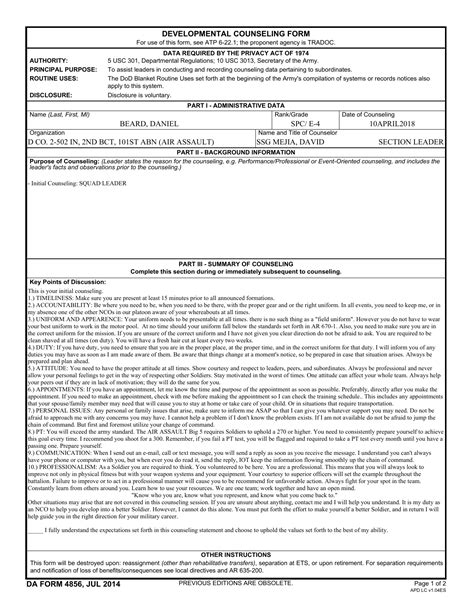 Inital counseling. Download now. Initial Counseling Template Subordinate. 1. DEVELOPMENTAL COUNSELING FORM For use of this form see FM 22-100; the proponent agency is TRADOC DATA REQUIRED BY THE PRIVACY ACT OF 1974 AUTHORITY: 5 USC 301, Departmental Regulations; 10 USC 3013, Secretary of the … 