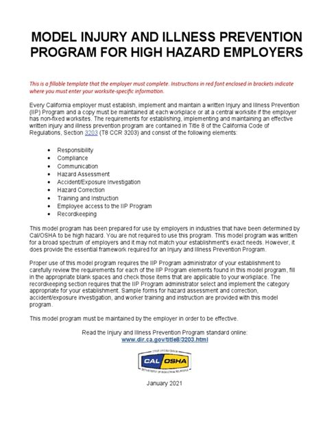 Injury And Illness Prevention Program Model Program Pdf Free Download