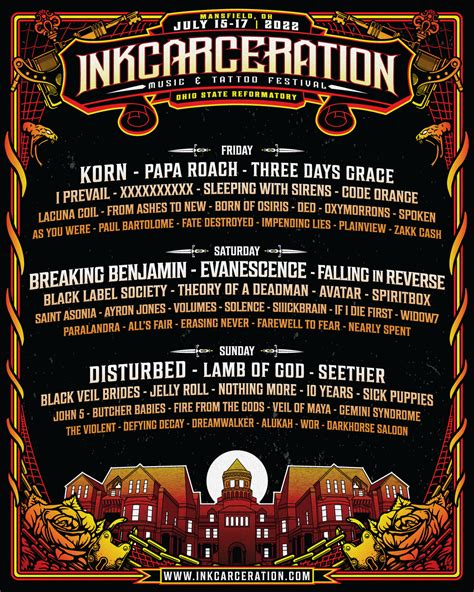 Inkcarceration 2024 lineup. INKcarceration has set its lineup for this summer's rock and tattoo festival. Shinedown, Breaking Benjamin and Godsmack will be the headliners at the historic Ohio State Reformatory. This year's dates are July 19-21. INKcarceration, which attracts 25,000 visitors a day, is coming off three sold-out years in a row. Other bands on the ticket are the 