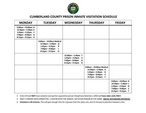 Inmates are allowed 3 visit per week. There will be times when visits will be rescheduled or cancelled due to Court, Work Assignment, Lock-Down, Sick Call, Attorney Visit, Inmate Housing Re-assignment or other reasons deemed necessary by the facility. ... If you are unable to make a visit you scheduled you lose your visitation visit for the week.. 