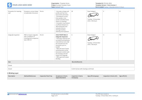 Inspection Test Plan for Excavation Works Use and edit it free