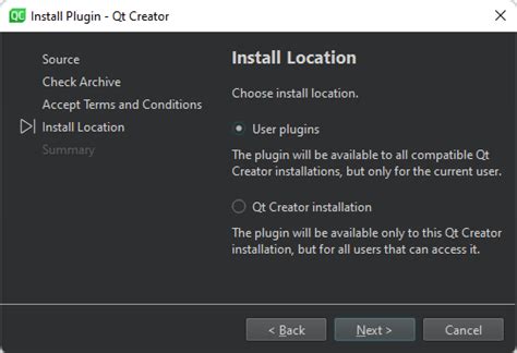Install qt plugins.  Size: 6.  In the Install Location dialog, select User plugins to...