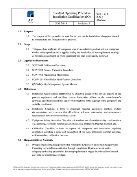 Installation Qualification IQ Procedure