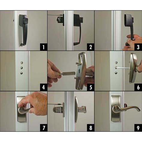 Photo 1: Remove the old handle and screen door latch. Unscrew both interior latch-mounting screws, pull the interior and exterior handles apart and remove the center spindle. Discard the old .... 