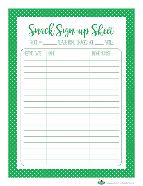 Instant Download! Snack Signup Sheet in Green Editable Printable PDF