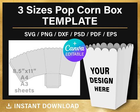 Instant Download Popcorn Box Template PSD PNG and SVG