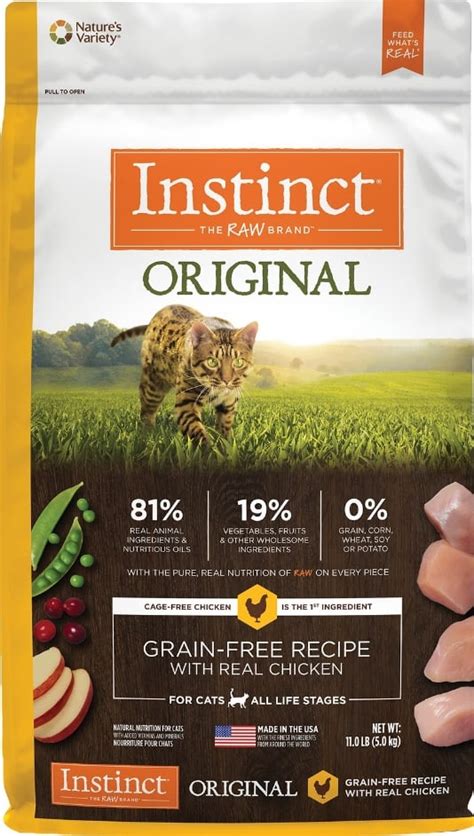 Instinct cat food. Details. Cage-free duck is the first ingredient for high animal protein to support strong, lean muscles. Features 81% real animal ingredients and nutritious oils, plus 19% fruits, vegetables and other wholesome ingredients. Never contains any grain, potato, corn, wheat, soy, by-product meal, artificial colors or preservatives. 