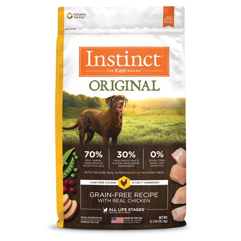 Instinct dog food. Purina ONE wet dog food is made with no poultry by-products, and is a great way to add texture and variety to mealtime. Crafted to be a dog food closer to what nature intended, Purina ONE True Instinct recipes start with a SmartBlend of natural ingredients, backed by research. 