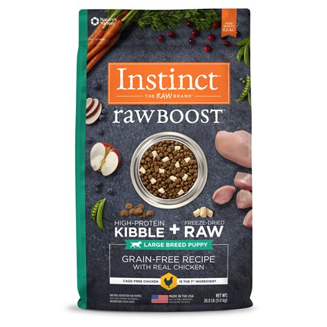 Instinct pet food. Boosted Nutrition for Puppies - Protein packed, whole grain kibble + Freeze-Dried Raw. Cage-free chicken is the first ingredient - packed with animal protein to support the energy needed for growth and play. Freeze-Dried Raw - All natural, protein packed, minimally processed bites of real chicken. Made especially for puppies - … 