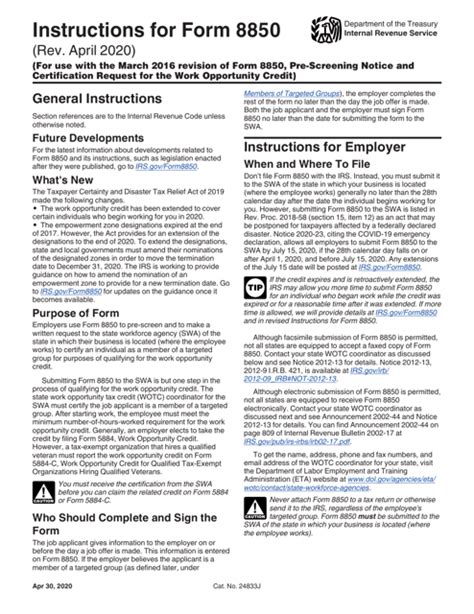 Instructions For Form 8850 PreScreening Notice And Certification