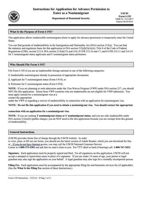 Instructions For Form I192 Application For Advance Permission To