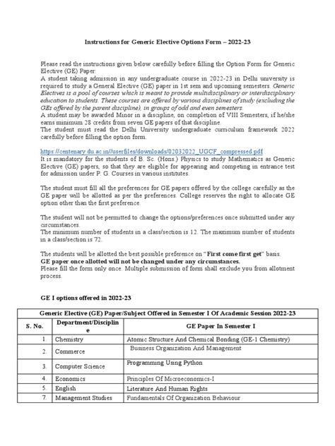 Instructions For Generic Elective Options Form 202223 PDF
