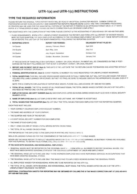 Instructions Form For Uitr1(A) And Uitr1(C) Quarterly Report Forms