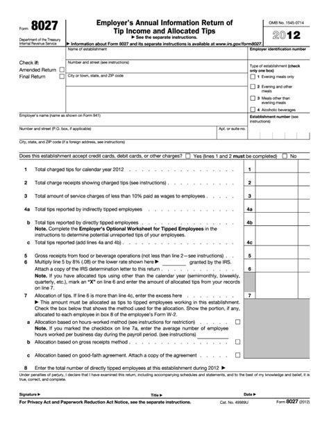 Instructions for Form 8027 Internal Revenue Service Fill Out and Sign
