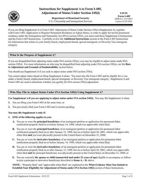 Instructions for USCIS Form I485 Supplement a Adjustment of Status