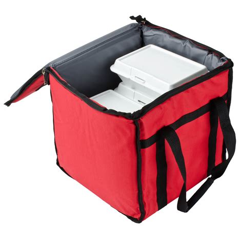 Insulated food delivery bags. Choice Insulated Food Delivery Bag Black Nylon 13" x 13" x 16" - Holds (6) 2 1/2" Deep 1/2 Size Pans or (18) 2 Qt. Container #124fcarhlfbk. Keep food piping hot or ice cold for customers with this Choice insulated food delivery bag! This heavy-duty, water-resistant nylon bag can hold up to (6) 2 1/2" deep half size food pans or (18) 2 qt. food ... 