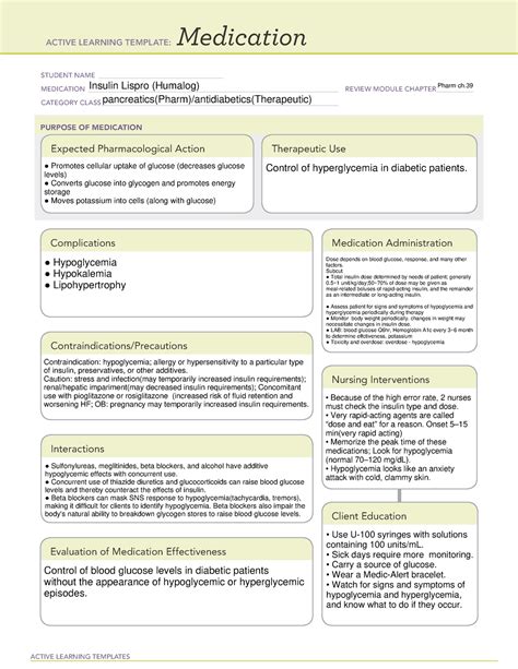 Medication active learning template: medication student name clonidine medication review module chapter category class antihypertensives purpose of medication. Skip to document. ... Insulin lispro - Med card. Nursing Pharmacology. Coursework. 100% (25) 1. Oxycodone - Medication. Nursing Pharmacology. Coursework. 100% (24) 1.. 
