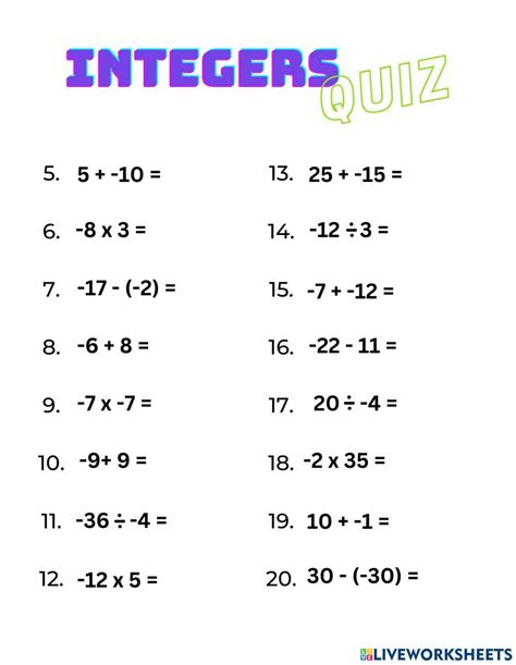 Integer quiz.  There's a Integer quiz for everyone.  Use the worksheets in...