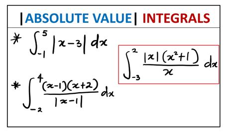 Example 1. Find the integral: $$\int_ {} |x|dx$$. Using the definition of an absolute value, let’s separate the integral into $$2$$ possible cases: $$\int_ {} xdx, x\geq0$$. $$\int_ {} …