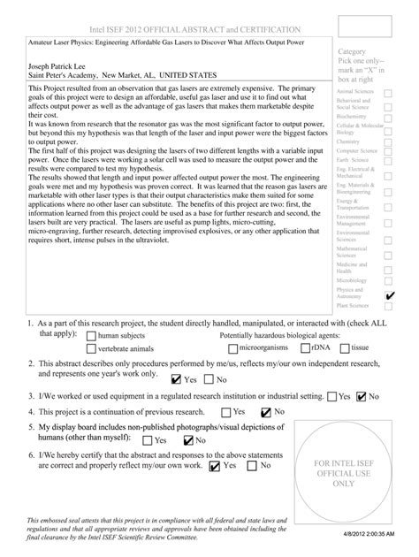 Intel ISEF Official Abstract and Certification 20122021 Fill and