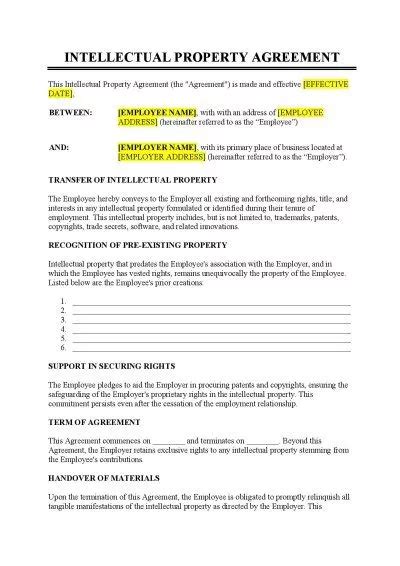 Intellectual Property Agreement Template Database