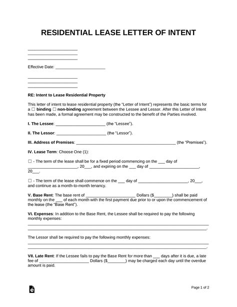 Intent To Lease Letter Template