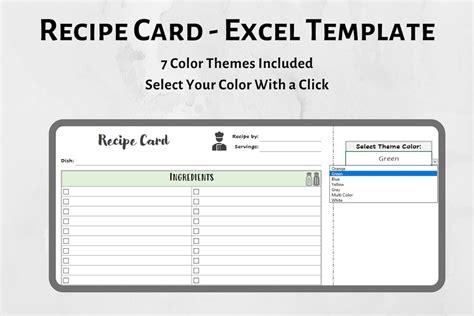 Interactive Recipe Card Digital Excel Template with 7 Color Etsy
