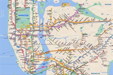 These text maps give you information about station stops, service, and transfer information for each subway line in New York City. Maps by subway line 1 train (Broadway-7 Avenue local) 2 train (7 Avenue express) 3 train (7 Avenue express) ... The subway map with accessible stations highlighted. Large Type Subway Map. 