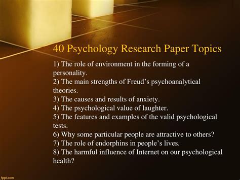 Interesting psychology topics. Research Topics. Research Topics is a collection of previously published articles, features, and news stories. They are meant to serve as an information clearinghouse and represent some of APS’s most requested and publicly relevant subjects. Note: this content may reflect the accepted style and terminology of the date the articles were first ... 