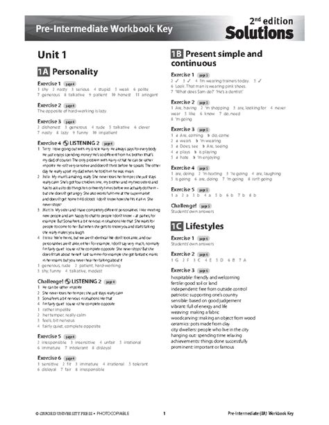 Intermediate Upper 5 Workbook Solutions Unit Key